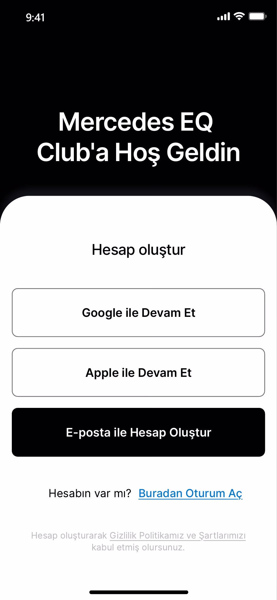 Mercedes EQ Club hoş geldiniz ekranı