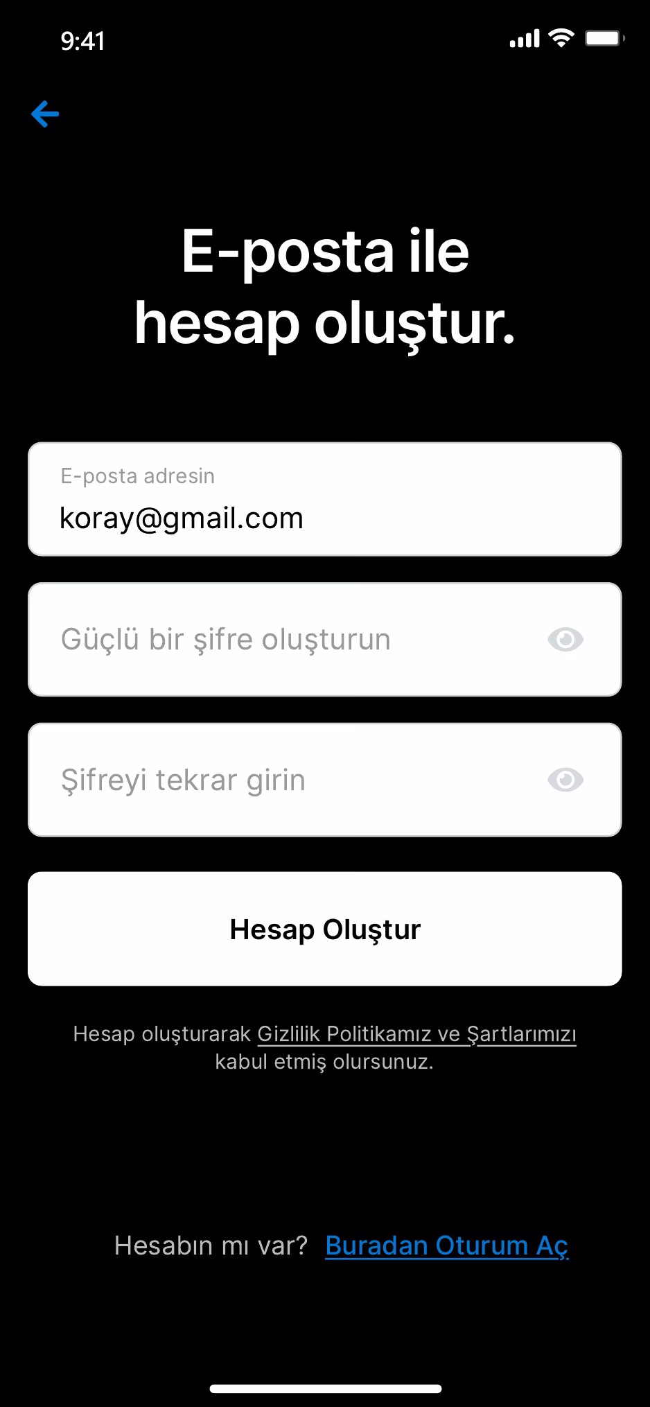 E-posta ile hesap oluşturma formu