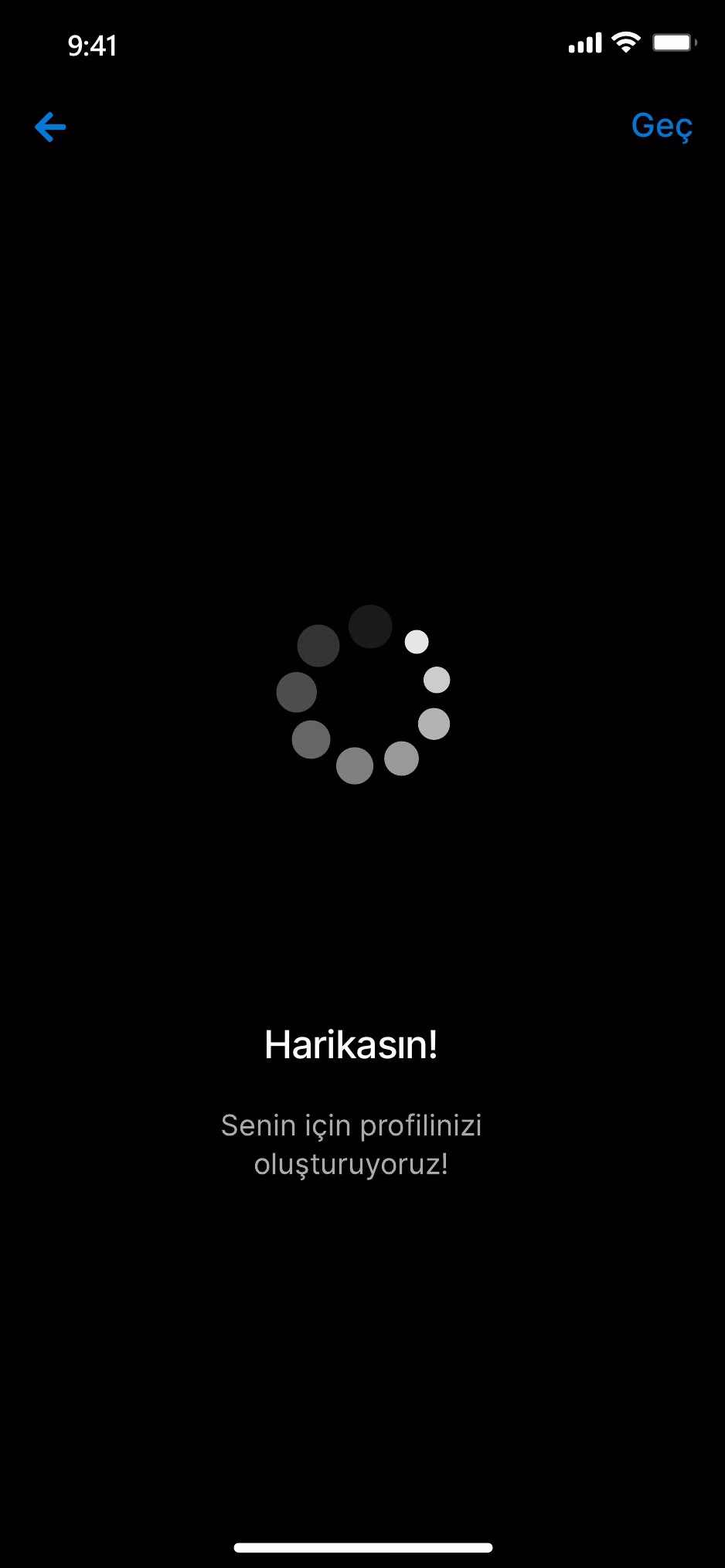 Profil oluşturma yükleme ekranı
