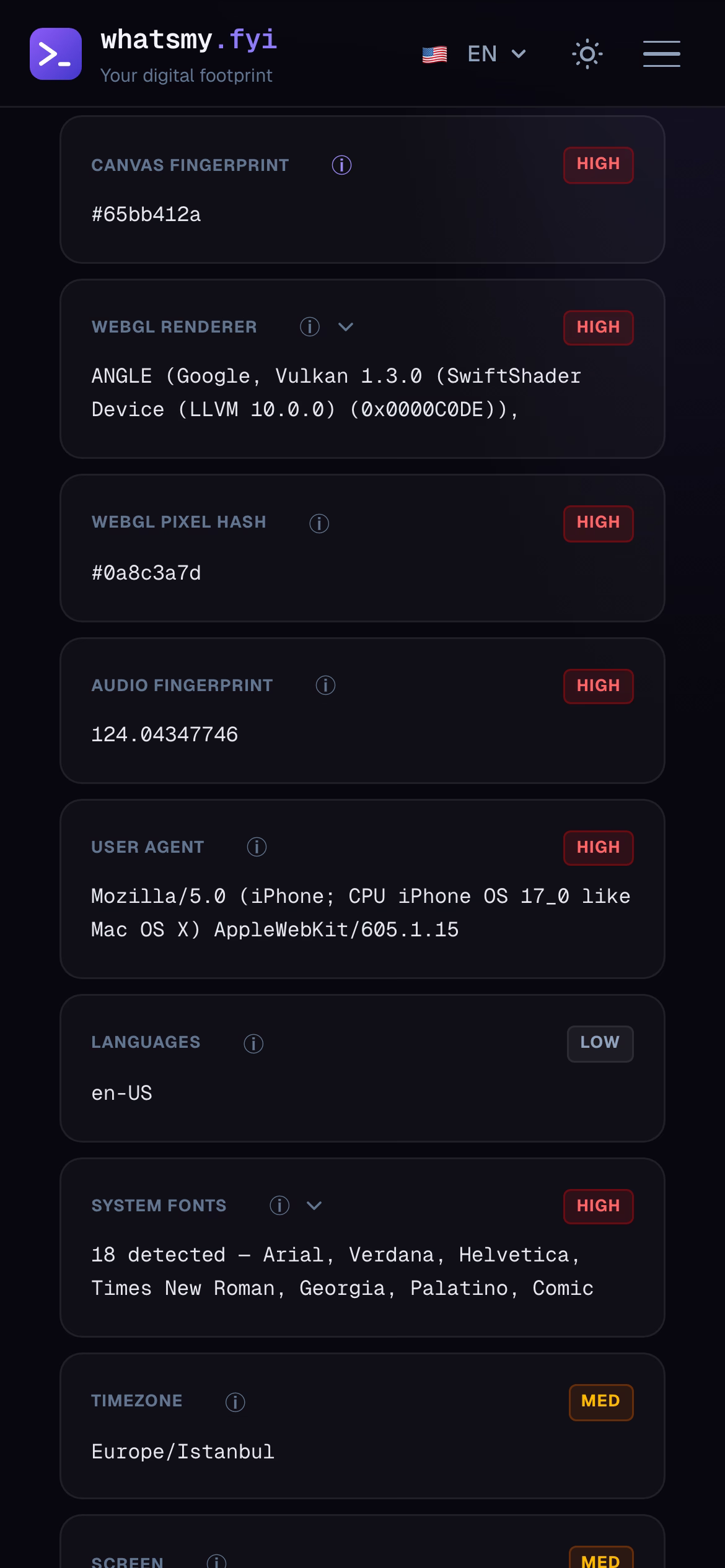 whatsmy.fyi parmak izi sinyal kartları