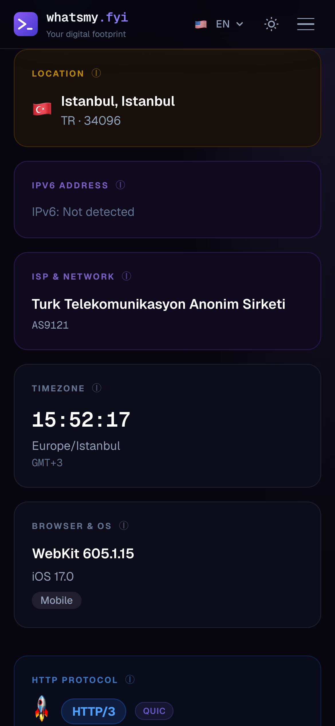 whatsmy.fyi konum ve ağ kartları